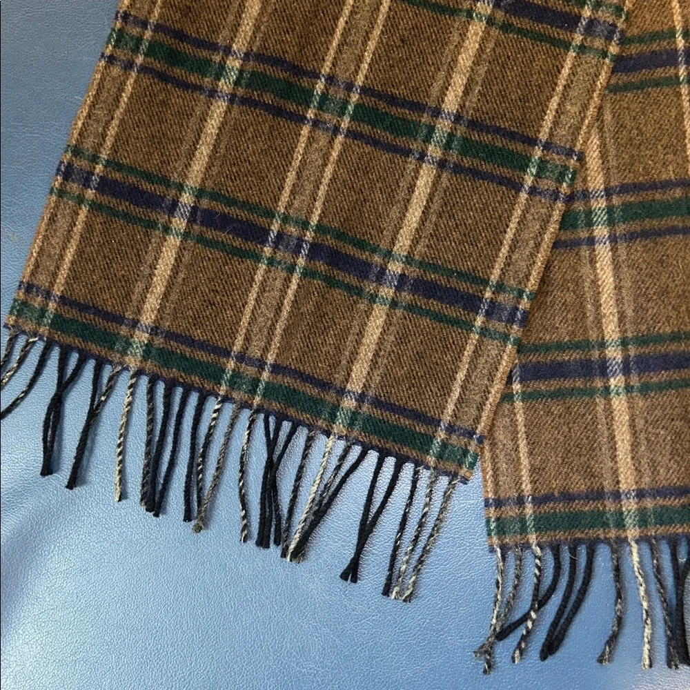 RARE!! CHRISTIAN DIOR Brown Plaid Lambswool Scarf with Blue & Green Stripes - Picture 3 of 3